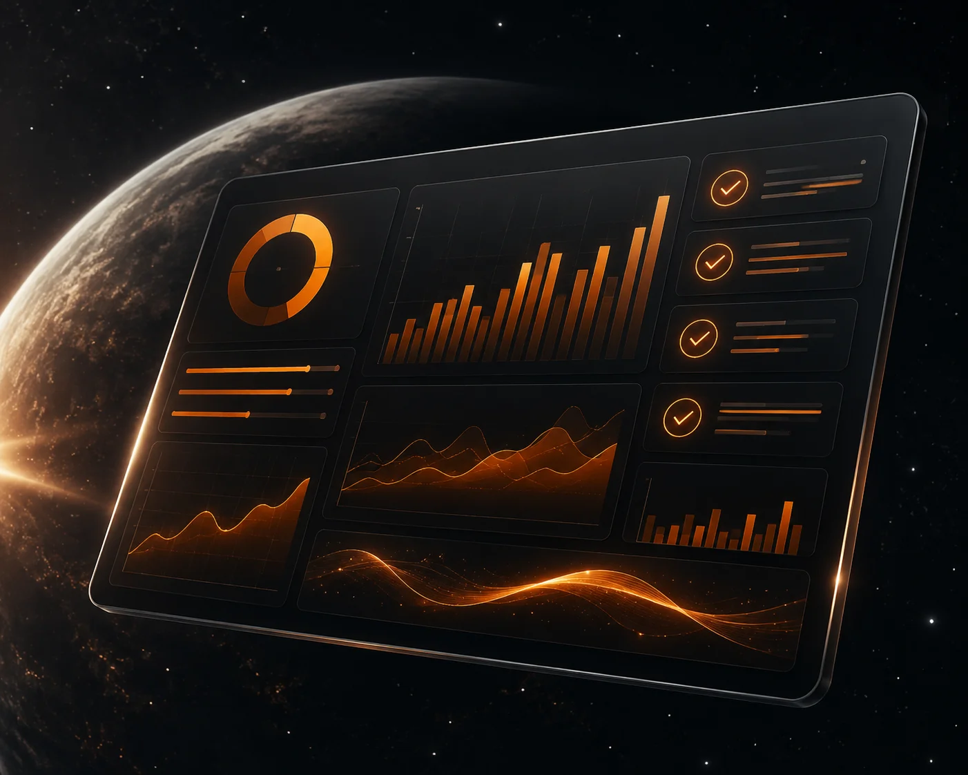 Schlankes, dunkles Monatsreport-Dashboard mit leuchtenden Diagrammen
