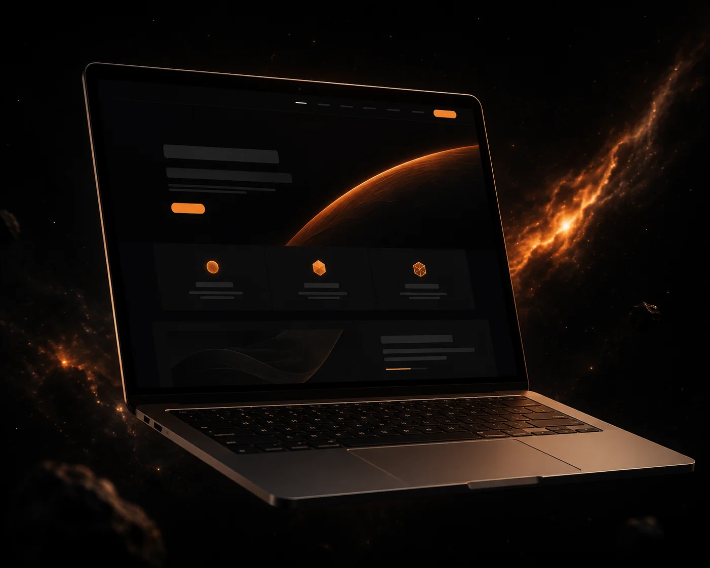 Laptop mit einem schlanken, dunklen Website-Mockup in Orange-Akzenten