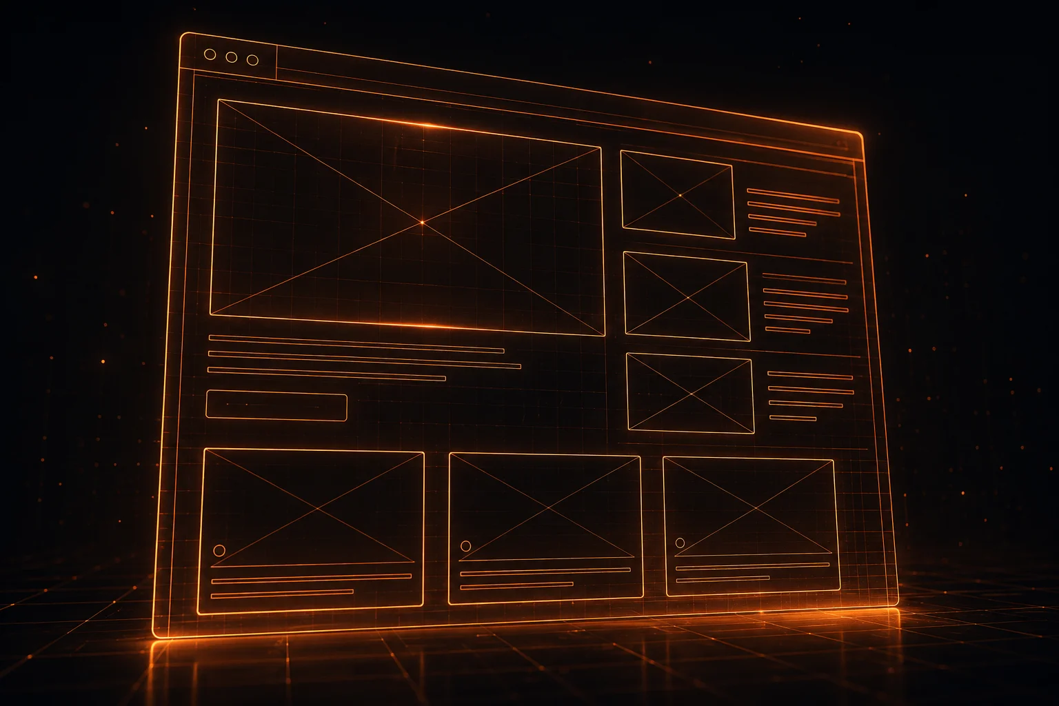 Leuchtender Wireframe-Entwurf eines Website-Layouts