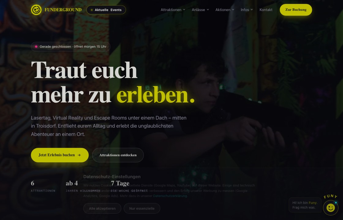 Startseite von funderground.events, gebaut von Erfolgio